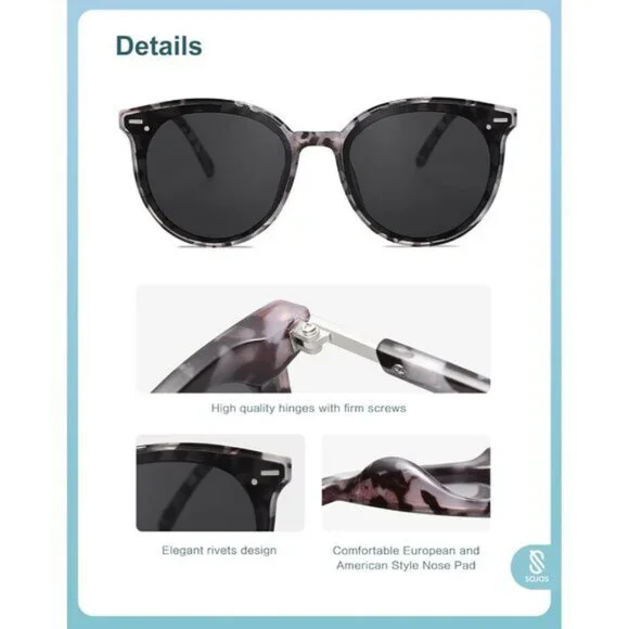 ⚡SOJOS Womens Grey Trendy Classic Round Retro Vintage Large Frame Sunglasses - Picture 4 of 5